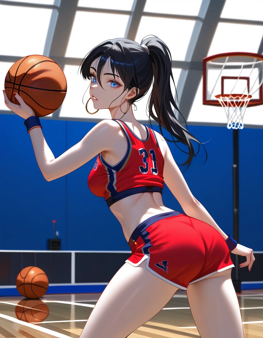  top quality,  top quality,  High quality illustrations , masterpiece,  ultra high resolution,  detailed background, absurd,  anatomía perfecta, performance ,   good lighting , Shadows in the movies,  a girl, Alone, Disfraz alternativo,  medium breasts, action pose,  stick a ball in the hoop , death,  in a gym,  playing basketball ,  Wearing a basketball uniform ,  stick a ball in the hoop , ,  athletic and slim build ,  Red uniform with white details ., bewitching thighs, Shimmering, bright, bright skin, bright outfit,  two beautiful legs body movement, Joven y guapa he saw, he saw Joven realista, joven he saw, he saw sensual joven,  sports bra and shirt , he saw,  sports bra and shorts, Cute sportswear,  Wearing the basketball jersey from behind,  has a basketball in his hand  ,  blue-eyed black hair  ,  dragon ball eyes  , Alone una chica , basketball court