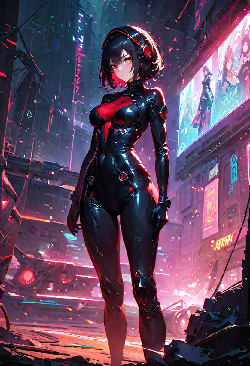 1 Girl, big red hair, black hair tips, bangs, eye hair, sexy anime bunny outfit, big chest, standing, background scenery, in a nightclub, colored lights, ambient detail, ultra detailed