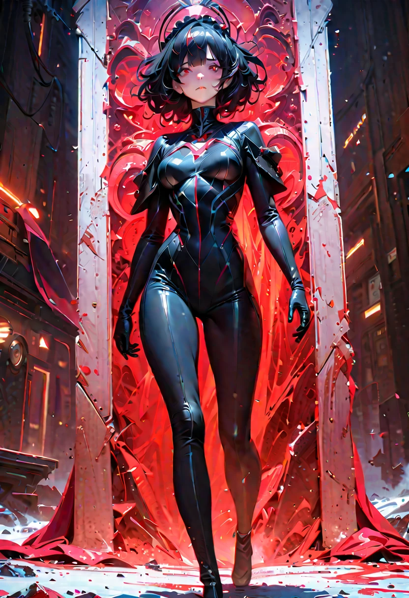 ((Highest quality)),(Ultra-high resolution),(Super detailed),(Detailed Description),((The best CG)),(masterpiece),Highly detailed art,(Art with precise detail:1.5), (woman:1.6),(Black full body tights:1.8),(Metallic Red:1.7, Light armor:1.6, Detailed carving:1.5),(Glossy black short hair:1.3),(Sapphire blue eyes:1.3, Slanted Eyes:1.5)