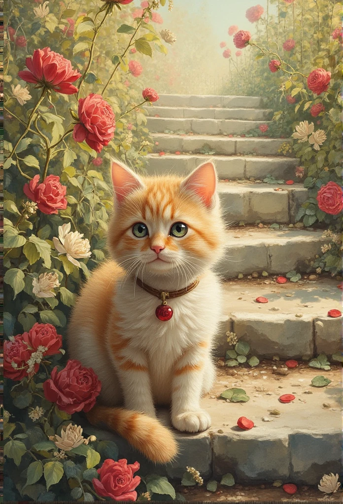  cute kitten on stone steps、Gourmet、Smell-sensitive beard 、Can see through light、 wrapping in the sun、 gold particles dancing 、  Vintage Oil Painting   、floral wall art  