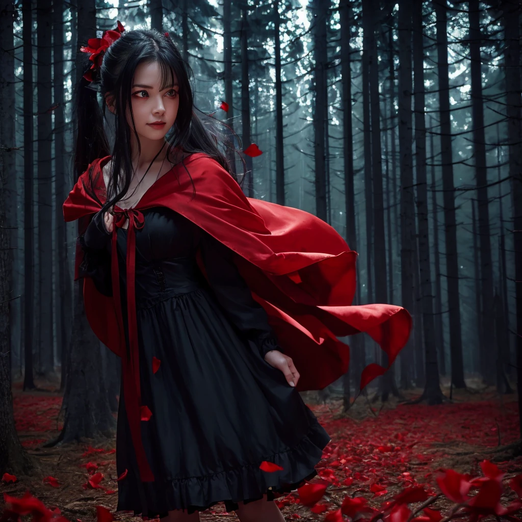 cowboy shot, 1girl, smirk, red eyes, beautiful eyes, glowing eyes, black hair, messy hair, ponytail with red ribbons, black sundress, red cloak, (wind), floating rose petals, spooky forest background, at night, darkness, bokeh, masterpiece, best quality, very aesthetic, absurdres, dw01-3400