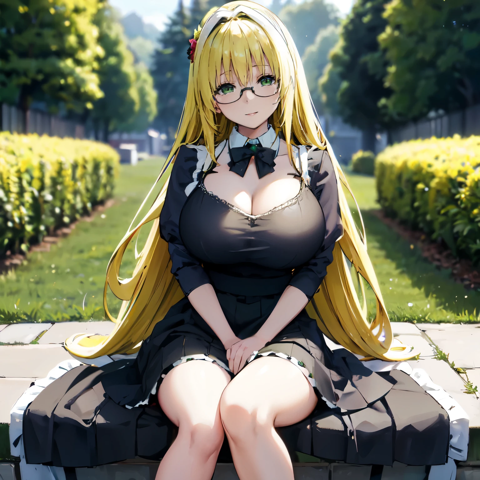 Blonde hair, very huge   , ((maid uniform)), ((long skirt,  glasses)), cleavage, thick, busty, ((green eyes)),upperbody, smile, legs, long hair,thigh, flower garden, spreads legs