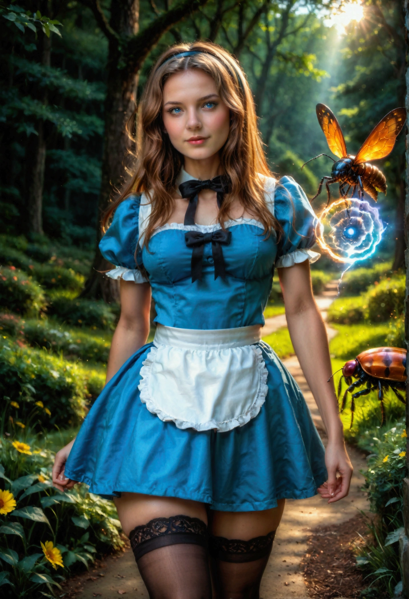 (Alice in Wonderland:1.5), (sexy:1.65), stockings, (insects) (intricate details), masterpiece, best quality, cinematic photo, hyper realistic style, trending on artstation, (vivid color:0.4), 8k, photorealistic painted art, hdr masterpiece, (highly detailed textures), (bioluminescent:1.2), (energy), (dynamic), hyper detailed masterpiece, bokeh
