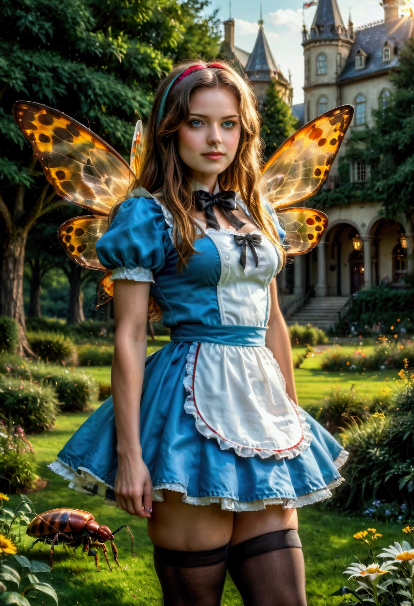 (Alice in Wonderland:1.5), (sexy:1.65), stockings, (insects) (intricate details), masterpiece, best quality, cinematic photo, hyper realistic style, trending on artstation, (vivid color:0.4), 8k, photorealistic painted art, hdr masterpiece, (highly detailed textures), (bioluminescent:1.2), (energy), (dynamic), hyper detailed masterpiece, bokeh
