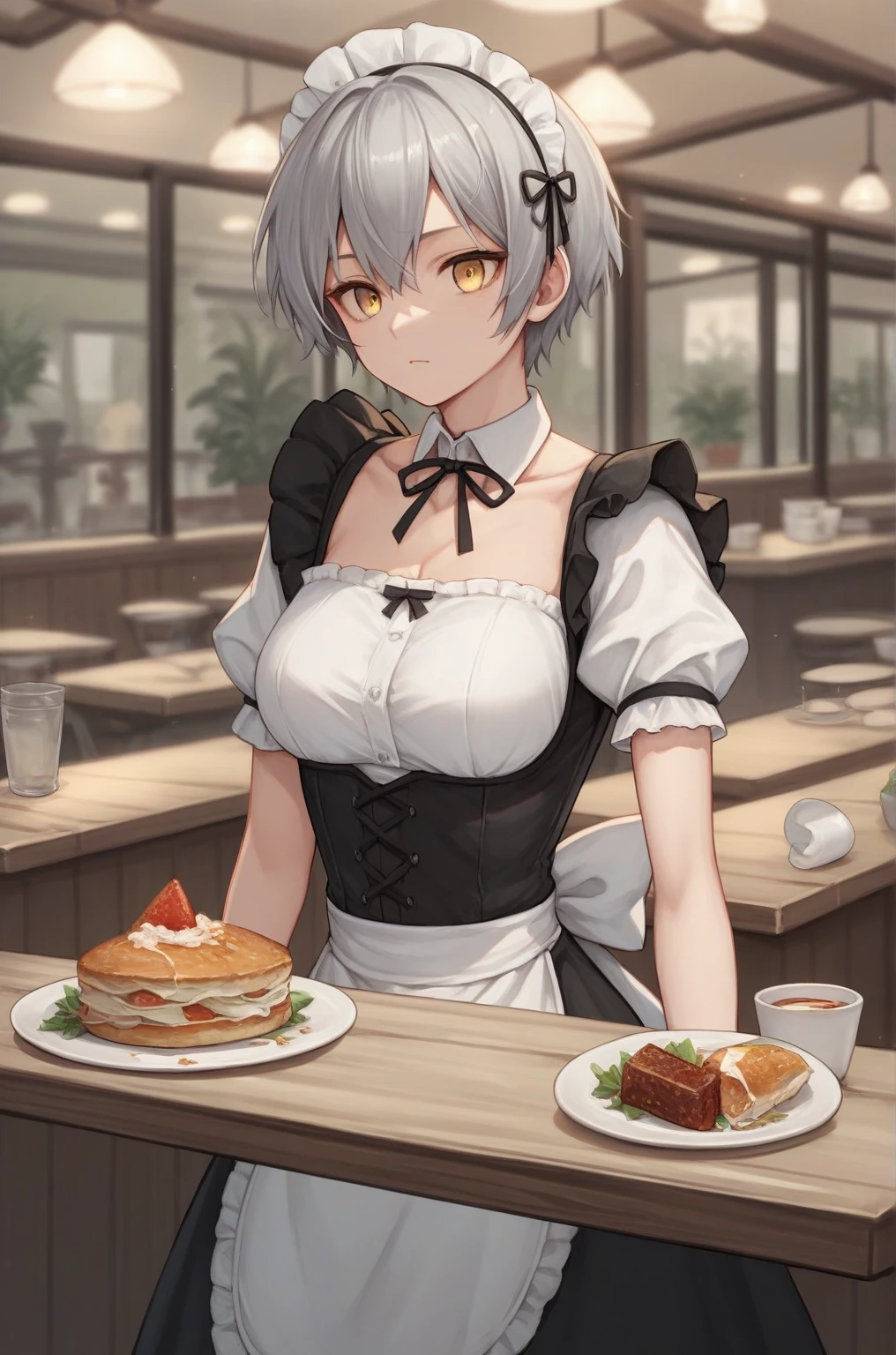 Anime artwork  score_9,  score_8_up,  score_7_up,  score_6_up,  score_5_up,  score_4_up, sauce_Anime, break,
Miyabi_4xl size, Yellow Eyes,  short hair, Gray Hair, break,  maid clothes, Pose, Cafe,
