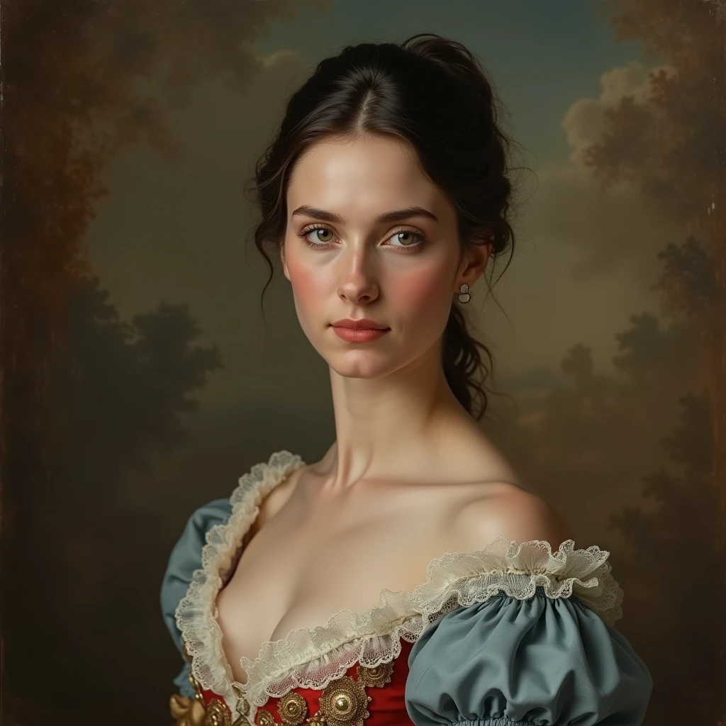 Nathalie Portmann, 25 ans, seductive look, sourire romantique, fine, brune, yeux verts, masterclass, 8K, UHD, HD, High quality, sexy, dans un tableau de peinture de la renaissance, Liberty Leading the People, topless, French Revolution