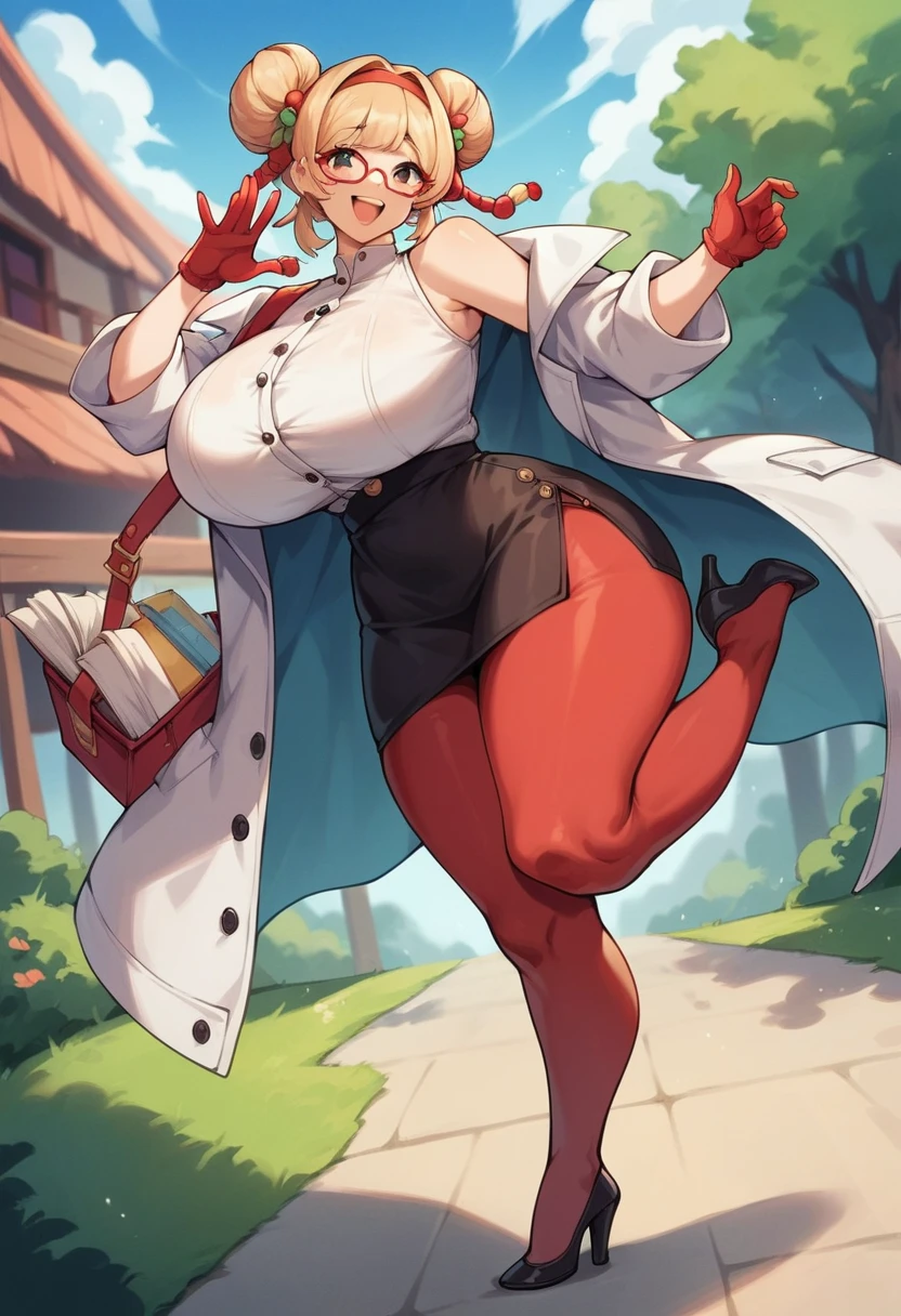 score_9, score_8_up, score_7_up, score_6_up, score_5_up, score_4_up, (source_anime), purah,
1girl,  huge breasts, narrow waist, thick thighs,  hair ornament, red headband, red glasses, sleeveless shirt, white coat, black skirt, red leggings, gloves, high heels, outdoors, happy,