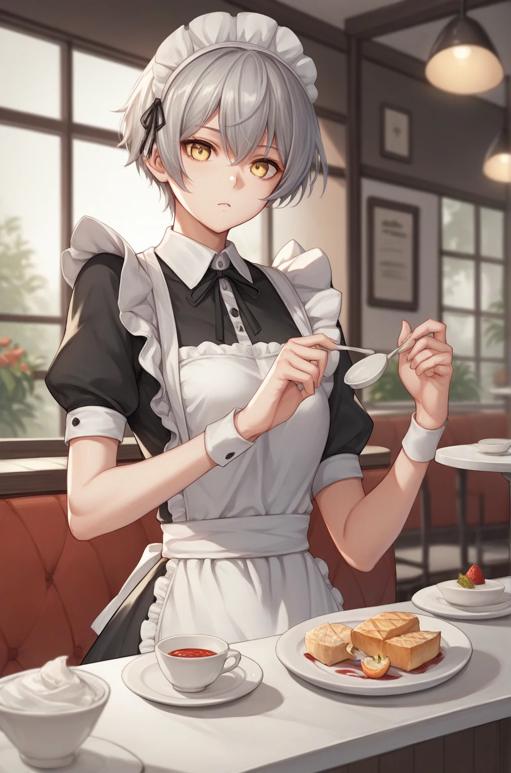 Anime  score_9,  score_8_up,  score_7_up,  score_6_up,  score_5_up,  score_4_up, sauce_Anime, break,
Miyabi_4xl size, Yellow Eyes,  short hair, Gray Hair, break,  maid clothes, Pose, Cafe,
