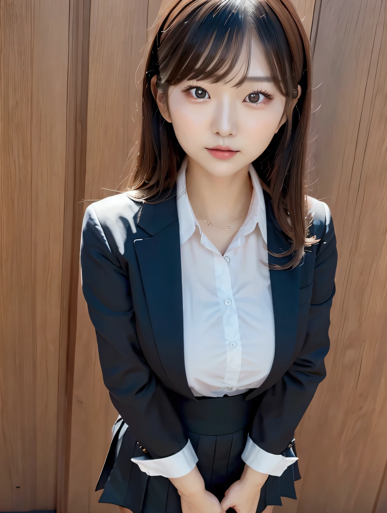 nswf,front view,{black Long Sleeves business suit ,mini skirt,office lady}a female,beautiful face,moon face, healthy skin,double eyelid,inwardly curled hair,ample bosom,standing,pantyhose,office,25years old,full body,HD background,panorama,best quality,ultra detailed,high resolution,8k, extremely detai