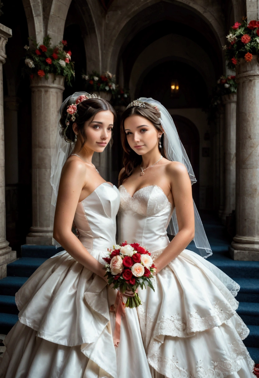 1girl, voluptuos girl, wearing a wedding dress, hair ornament, flowers, a fountaint in the back