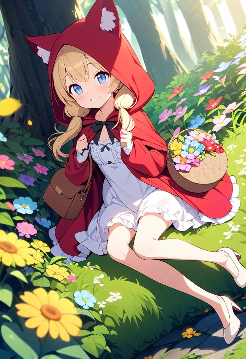  masterpiece、Very young girl、 very small breasts、Slender body、Thin legs、Light blue eyes、 bright yellow pigtails 、Little Red Riding Hood、 dress with white frills、Beige pumps、brown leather handbag 、Lush forest、   Colorful Flowers 、  innocent smile 、 Fun Vibes 、 Light Shines In 