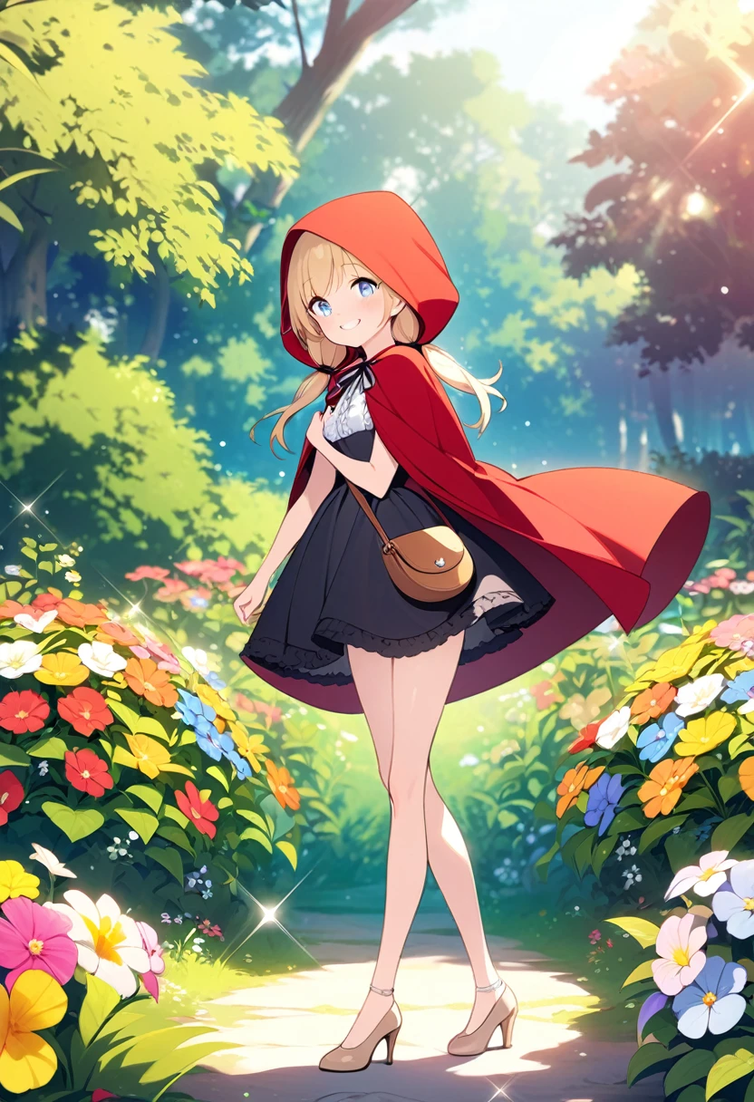  masterpiece、Very young girl、 very small breasts、Slender body、Thin legs、Light blue eyes、 bright yellow pigtails 、Little Red Riding Hood、 dress with white frills、Beige pumps、brown leather handbag 、Lush forest、   Colorful Flowers 、  innocent smile 、 Fun Vibes 、 Light Shines In 