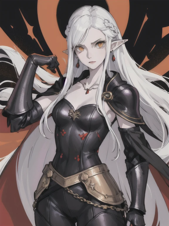 a woman, 1girl, elf, pointy ears, solo, white hair, long hair, pale face, jewelry, flat chest, orange eyes, looking at viewer, necklace, hair between eyes, earrings, black armor, cape, dark plate armor, cowboy shot, very long hair, iron gauntlets, collarbone, standing, scabbard 