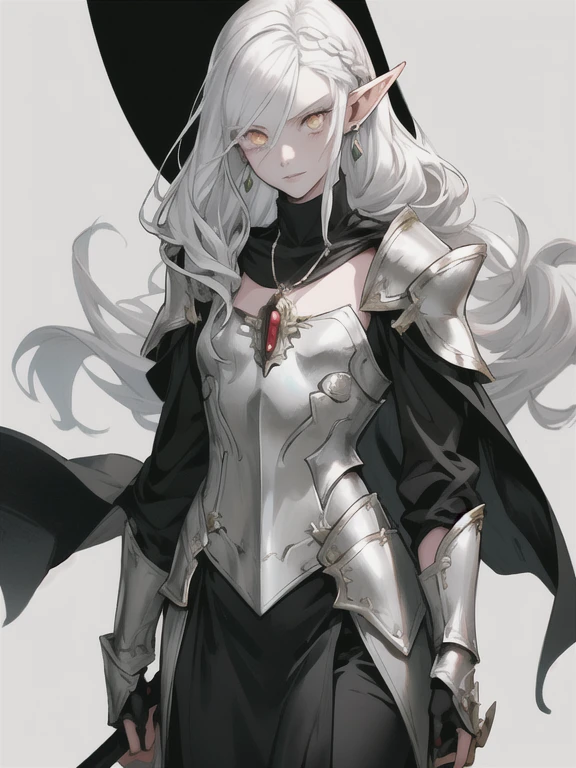 a woman, 1girl, elf, pointy ears, solo, white hair, long hair, pale face, jewelry, flat chest, orange eyes, looking at viewer, necklace, hair between eyes, earrings, black armor, cape, dark plate armor, cowboy shot, very long hair, iron gauntlets, collarbone, standing, scabbard 