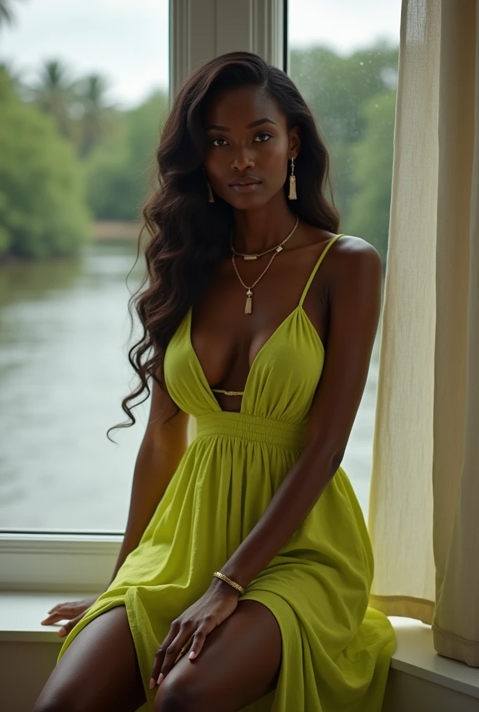 dark skin woman, orange eyes, Green dress with blue, long black hair, pastel red lips, a ring on your finger, a gold necklace