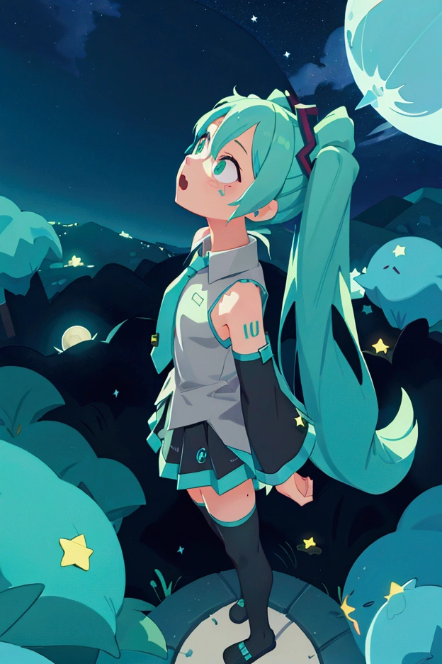 1girl, hatsune miku, solo,full body,fantasy,dreamlike,night,a dreamy scene,aqua nails,long hair,aqua eyes,necktie,starry sky,black footwear,armlet,open mouth,sky,moon,sleeveless shirt,shirt,black skirt,pleated skirt,small stellated dodecahedron,very long hair,stellated octahedron,aqua necktie,tattoo,night sky,sleeveless,from above,thighhighs,grey shirt,bare shoulders,black thighhighs,shoulder tattoo,twintails,star \(sky\),skirt,detached sleeves,absurdly long hair,looking up, ,