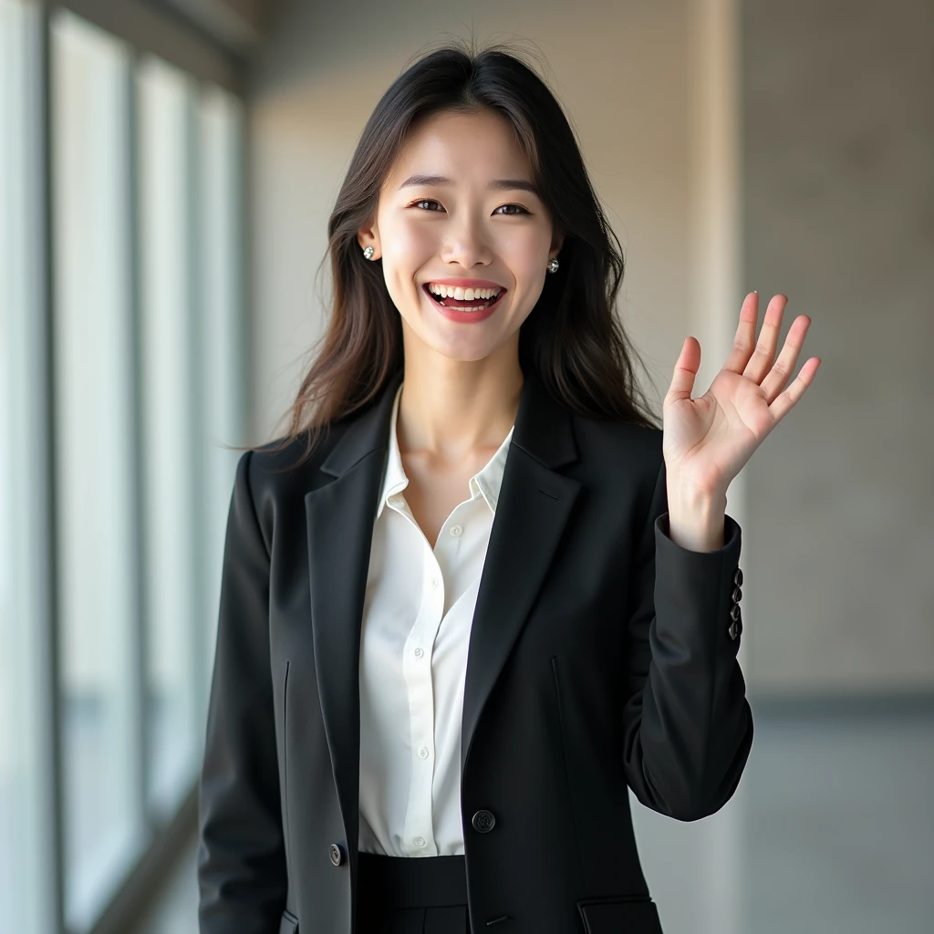 a woman,(solo:1.5) smile, medium breast, dynamic pose, model pose, white blouse, black pencil skirt,Holding_Sign, large signboard