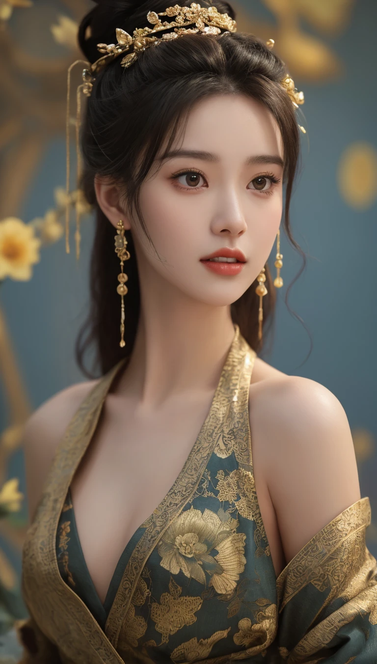 Masterpiece, Excellent, Chinese Imperial Palace, Chinese Style, Ancient China, 1 Woman, Mature Woman, Yellow Long-haired Woman, Pale Pink Lips, Cold, Serious, Effeminate, Bangs,