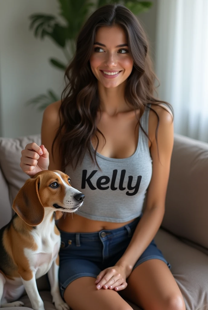 Highly realistic image of a beautiful young 25 year old woman. She has long, wavy dark brown hair, striking green eyes, fair but slightly tanned skin and an athletic, toned body, with body volume with curves, medium bust and defined hips, big butt and strong legs, average height of 1.70 , dressed in a tight gray sleeveless top written "Kelly" in stylish font and navy blue fabric shorts tight to her body and is looking kind of to the side with a friendly expression and sitting on a sofa with her beagle dog next to her , full body