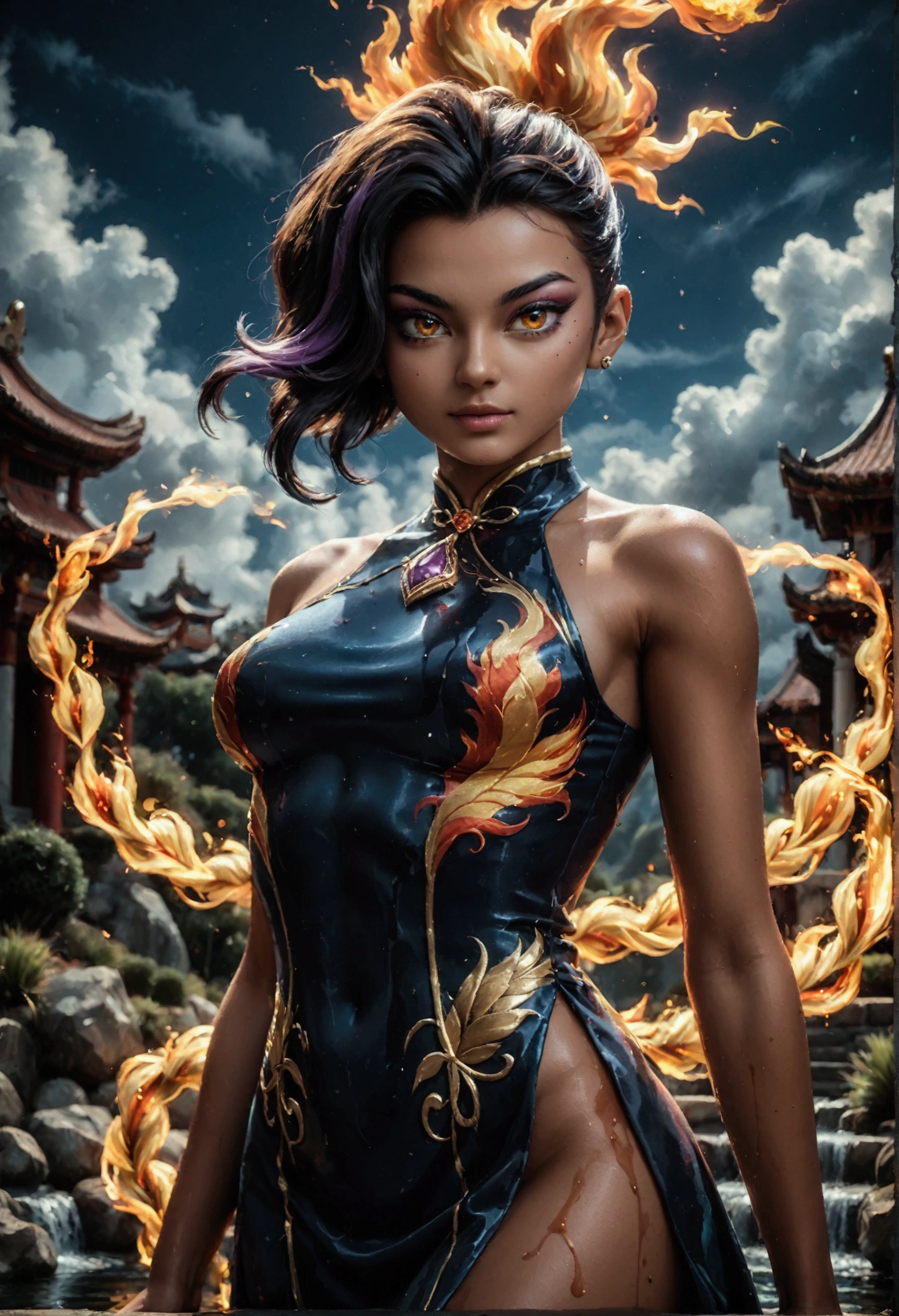  A beautiful Chinese girl standing on the water, Misty reflection, a huge phoenix ,  divine bird in the sky , magic, fancy,  Dynamic posture ,  composed of bright colored flames ,  Delicate face, delicate eyes, Long black and gold hair,  wearing Hanfu amber and sky blue , Delicate and intricate patterns, ink painting, golden tan, epic composition, sombras suaves, sharp and precise focus, cinematografía,  center, Poster design,  film photography , panorama, 32k 