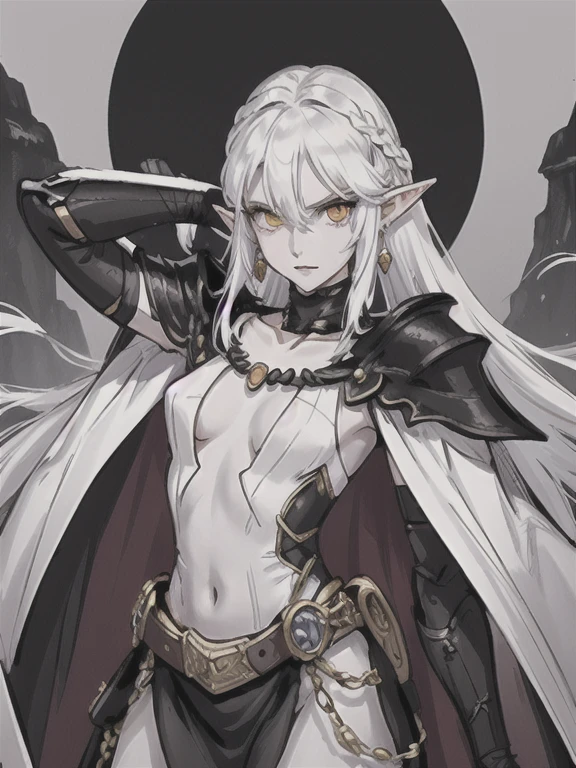 a woman, 1girl, elf, pointy ears, solo, white hair, long hair, pale face, jewelry, flat chest, orange eyes, looking at viewer, necklace, hair between eyes, earrings, black armor, cape, dark plate armor, cowboy shot, very long hair, iron gauntlets, collarbone, standing, scabbard 