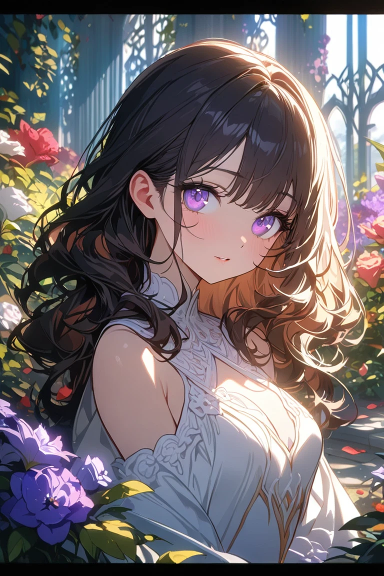 Beautuful Women、(top-quality、in 8K、32K、masterpiece、nffsw:1.3)、(Photorealsitic:1.4)、realisitic:1.2、Detailed skin、Elegance、top grade、Sunglare、lensflare、Detailed shading by sunlight、depth of fields、blurry backround、( White off-the-shoulder dress)、Wisteria shelf、Wisteria flower background、ear ornament、lady's、a necklace、(A sexy:1.2)、breastsout、