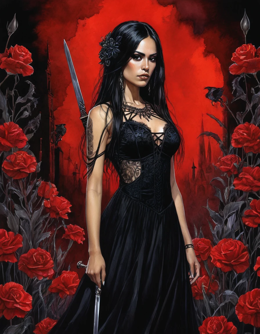 Masterpiece, ultra detailed, portrait, solo, 1girl, ohwx woman, Latina, tanned skin, long hair, black hair, thin and athletic, black eyes, small frekles, wearing beautiful black dress with lances, art by Enki Bilal, watercolor, DeviantArt, high resolution, in a gothic composition with flowers and skulls, red and black background, dark, horror, fear