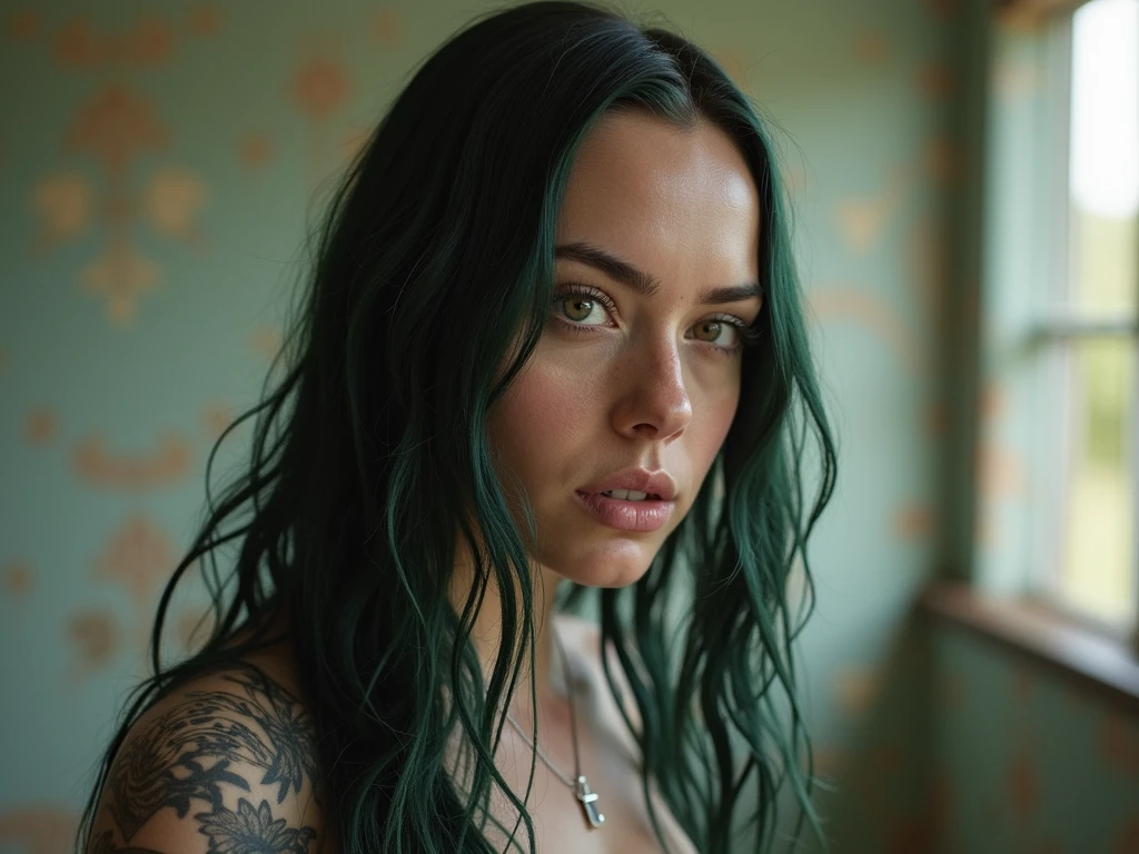 Beautiful girl looks like Billie Eilish, sexy Figur, sexy Pose, Hot clothes, green and black hair, beauty face, at the beach