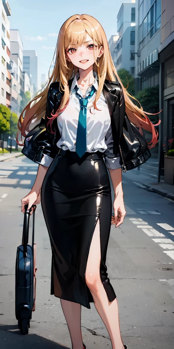 Marin Kitagawa,intenseglare,(best quality:1.6, highres), (beautiful detailed eyes:1.2), elevated, high-quality, beautiful face, 1 girl, leather pencil skirt, oversized leather jacket, blackbird, long hair, wide hips, landscape beautification, street, background, detailed background, sinister smile, angled laughter, long coat, blouse, tie, office woman, mature,((high heels)),A look of contempt,disgusting expression,