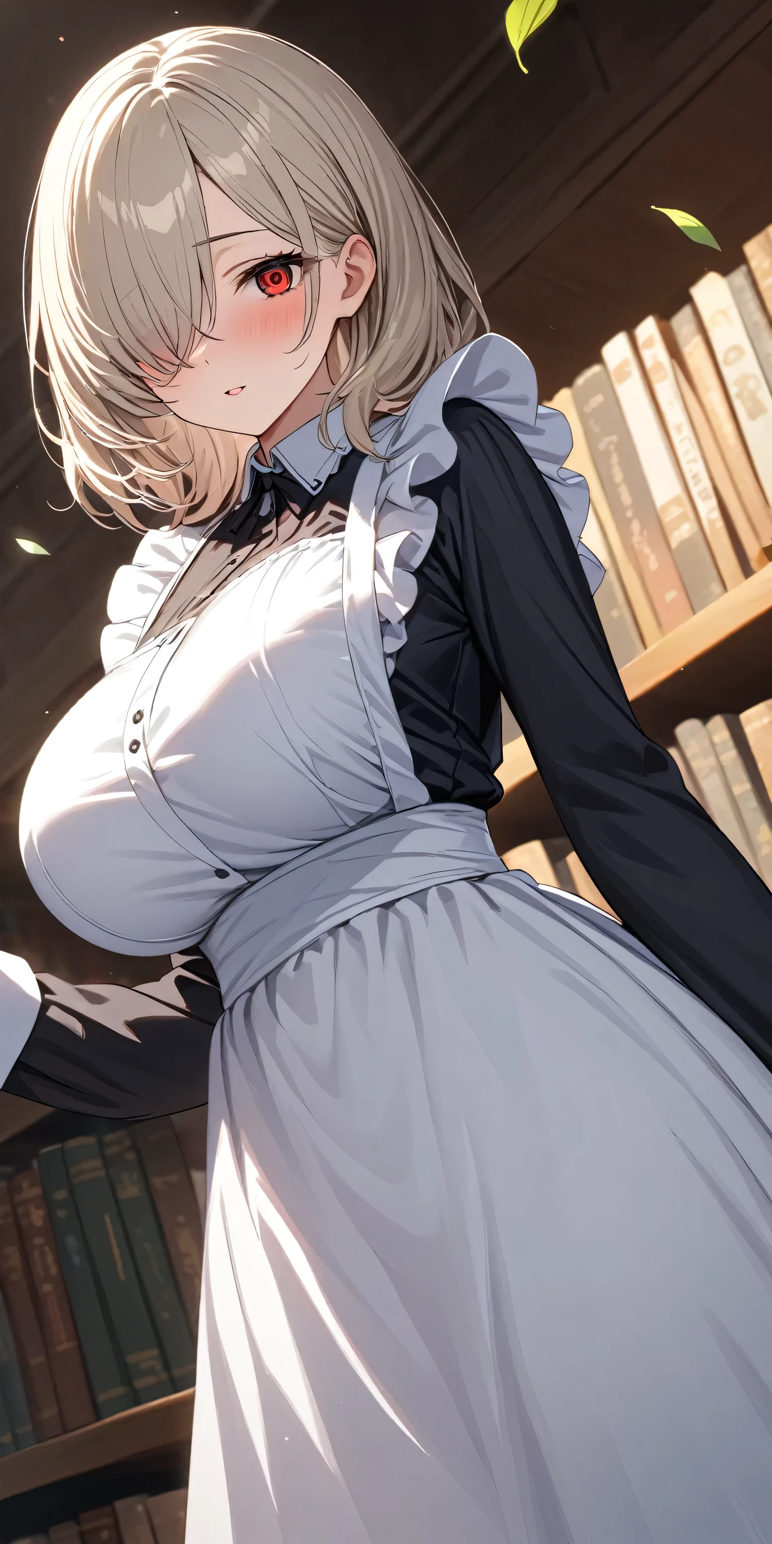 quality\(8k,wallpaper of extremely detailed CG unit ,(masterpiece, Highest quality:1.2), (masterpiece, Highest quality:1.2), (1girl), alone, ((medium hair)), ((platinum blonde hair)), (straight hair), ((hair over face)), (hair over one eye), (hair over right eye), (black maid dress), white apron,long sleeves, long skirt, (red eyes), (((big breast))), high detail, bloom, textured skin, natural light, (mature), ((detaile eyes)), library, (()), evening, (((yandere))), pov, blowing wind, leaves, (mature)