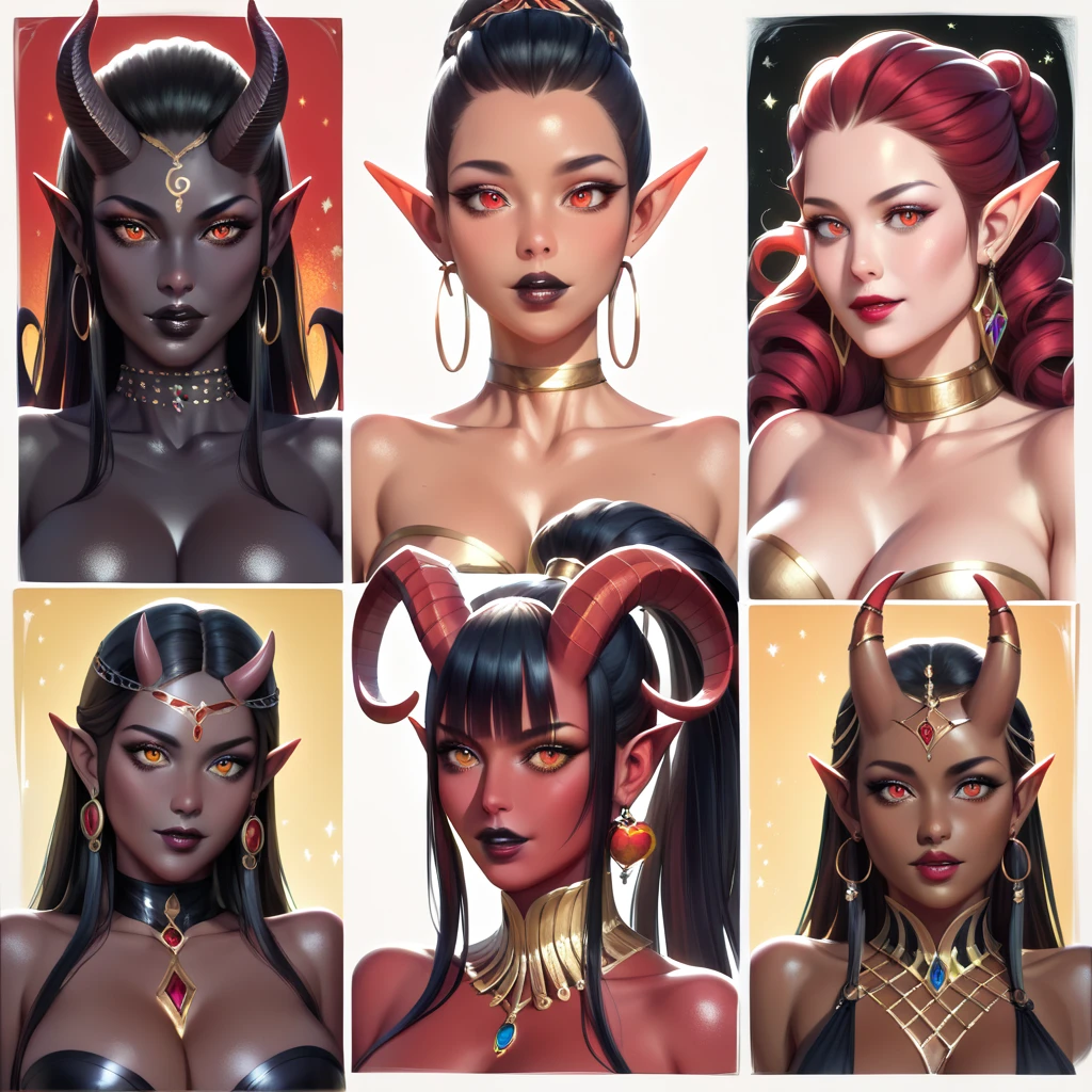 (Random poses), A beautifully detailed woman, succubus female, long black hair, elf ears, large eyes, red iris, long eyelashes, detailed facial features, black lipstick, (((Black skin))), demon horns, (((H.R. Giger art background)))