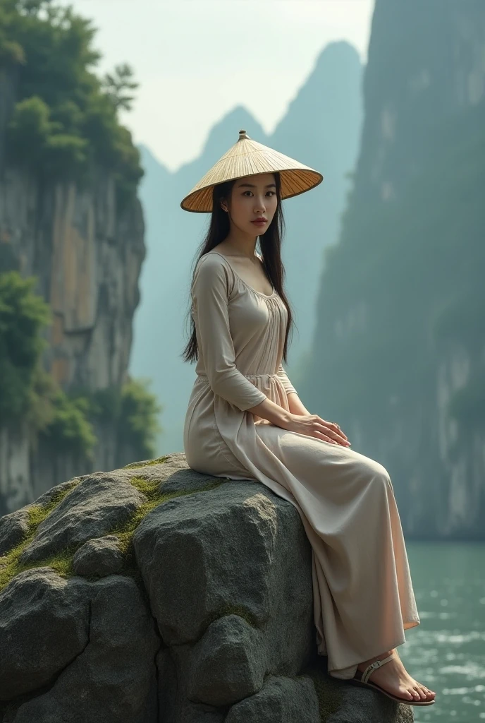 A asian woman with long hijab flowing wearing long floral dress calm, wearing large hat, playing on a swing on the edge of a scary cliff, face Smilling looking at the camera