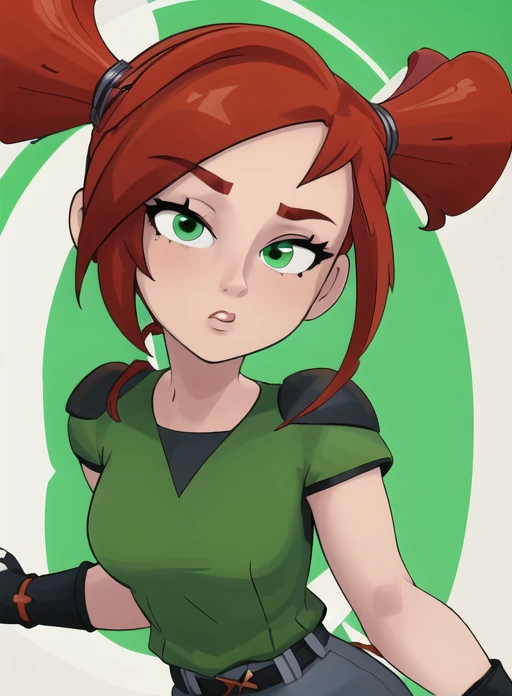 best quality, (masterpiece),(ultra-detailed), (high quality), (high resolution),  trixie, red hair, twintails, gloves, short twintails,green eyes, green shirt,