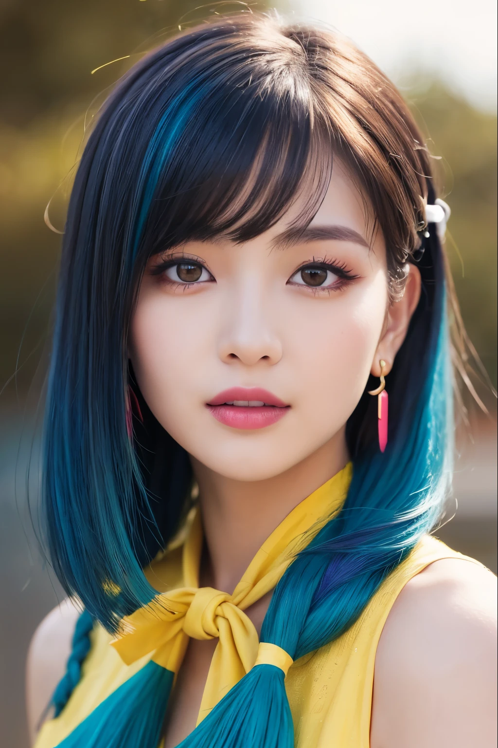high quality, High resolution, masterpiece, completion, detailed.impressive, Cutting-edge female photography portraits, Showcasing a bold and daring street-art style. Facing forward、beautiful woman、smile、looks fun、cyan, and purple, Her vibrant makeup really catches the eye., variegated hair、(Straw hat)、Blue and pink hues in harmony. 背景には蛍光クロムイエローand purpleの魅惑的なグラデーションが施されています, Blends seamlessly with the dynamic colors of your subject、This powerful combination of hyper-detailed realism and artistic expression creates a vivid,