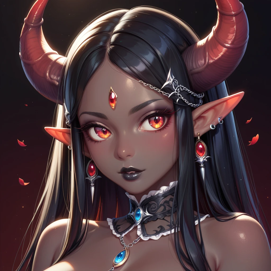 (Random poses), A beautifully detailed woman, succubus female, long black hair, elf ears, large eyes, red iris, long eyelashes, detailed facial features, black lipstick, (((Black skin))), demon horns, (((Gothic style background)))