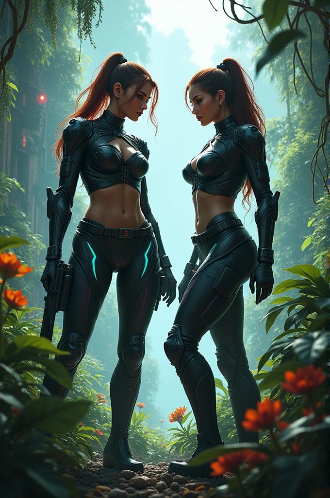 1girl, Regina from game Dino Crisis, Beautiful big breasts, character design sheet, sexy full bodysuit armour (cyberpunk style), detailed jungle forest, gentle and charming beautiful goddess, Korean, solo, smooth skin, necklace, (milf, 30 age, red hair, green eyes), oval face, double eyelids, smart, good hands, good feet, Natural, (glossy skin:1.05), ((low angle)), Perfect figure, (64k, UHD, RAW photo, best quality, masterpiece:1.4), (realistic, photo-realistic:1.37), ultra high res, photon mapping, radiosity, physically-based rendering, professional soft lighting