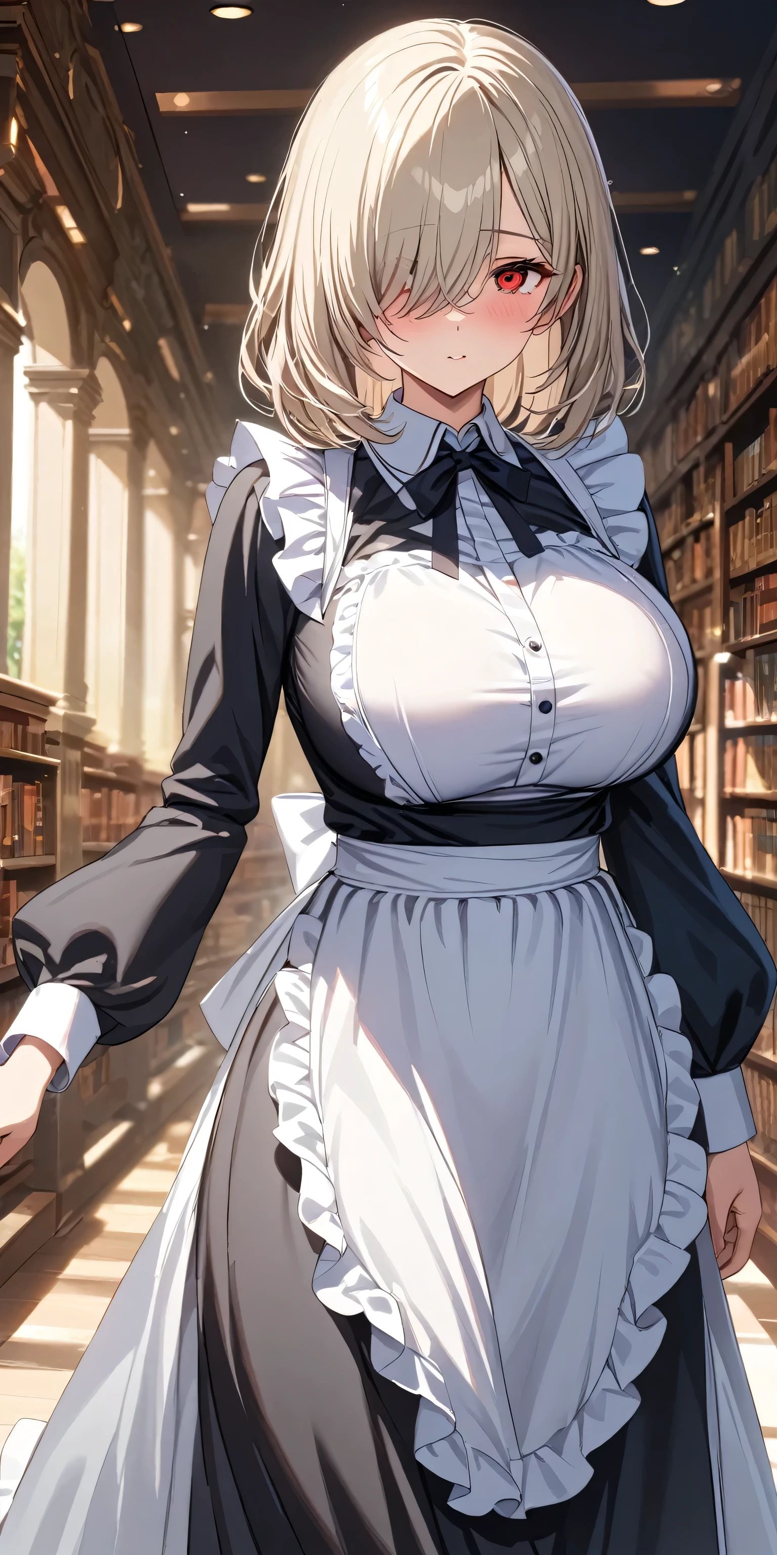 quality\(8k,wallpaper of extremely detailed CG unit ,(masterpiece, Highest quality:1.2), (masterpiece, Highest quality:1.2), (1girl), alone, ((medium hair)), ((platinum blonde hair)), (straight hair), ((hair over face)), (hair over one eye), (hair over right eye), (black maid dress), white apron,long sleeves, long skirt, (red eyes), (((big breast))), high detail, bloom, textured skin, natural light, (mature), ((detaile eyes)), library, (()), evening, (((yandere))), pov, blowing wind, leaves, (mature)