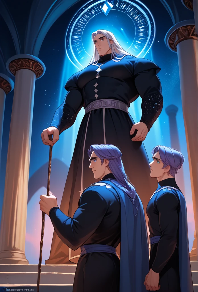  2 muscular men princes of Disney  ( Two male wizards ,  one of light and one of dark ,  standing a short distance from each other looking to the back of the screen ,  each dressed in a white and black tunic ,  holding a cane with a shiny jewel over their heads with one hand ,  magic while trying to open a portal to another world .  Between two large ,  tall stone pillars swirl large swirls of light like galaxies in pure white organdy hair with blue lace and night sky,  together with purple gas .  A portal like a vortex of light has appeared !), 