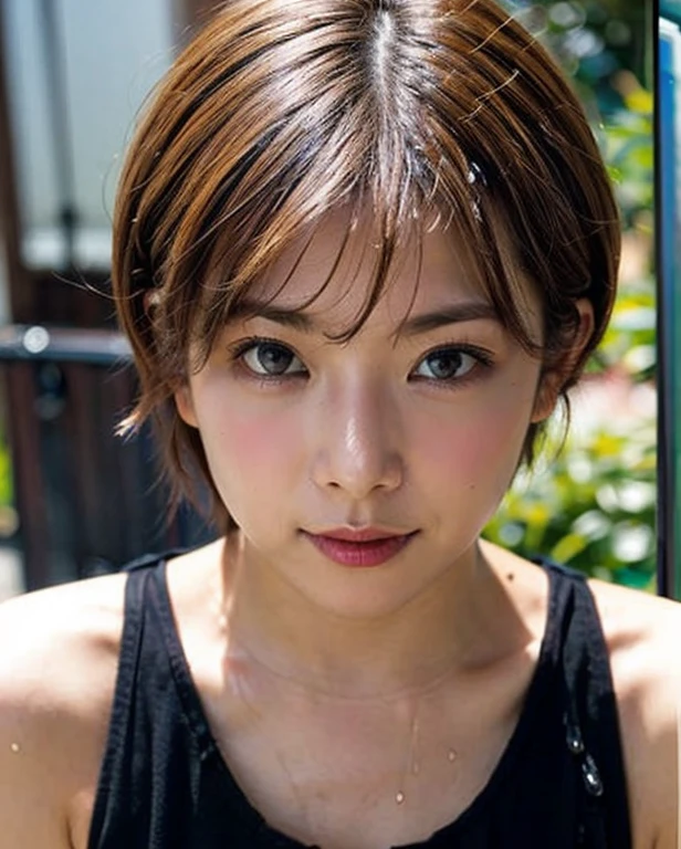 Look into the eyes,　Eye contact,　Front of face,　Front face,　face,　head,　Cross-legged,　indoor,　Brown Hair,　bangs,　Tank top,　Sweat,　clavicle,　shoulder,　Cross-legged,　chest,　Earrings,　Skin Moisture,　The gaze looking down on me,　Look at me,　short hair,　breasts