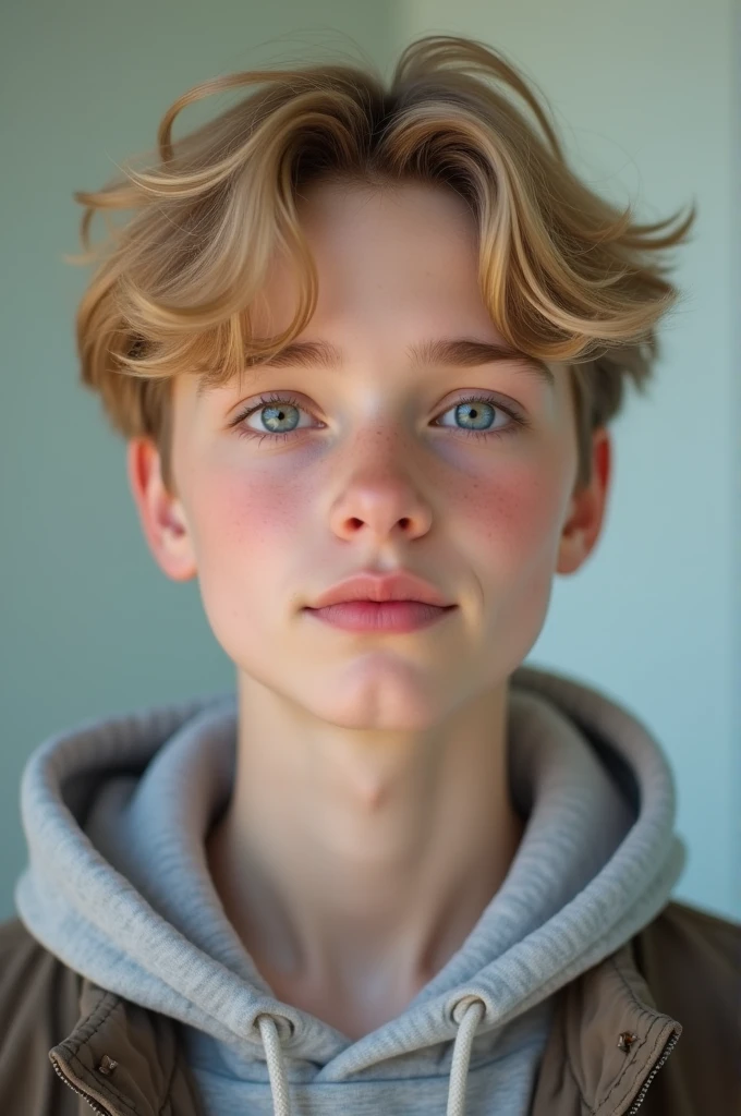 look like a model with blonde hair Ivy League Charm Hair style with blue eyes wearing white t
shirt epic realism
who looks realistic as possible and human