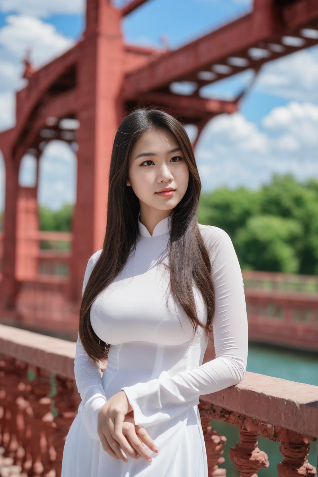 ((1 Vietnamese girl wearing a white ao dai, real photo, high quality photo, super sharp photo, 8k quality, HDR, good facial details, realistic face)), ((full body, HDR 8k , big breasts, revealing beautiful round cleavage, cloudy sky on the bridge, many people walking on the bridge, chuppy body, big breasts, gaping breasts, cleavage, fat body))