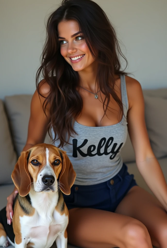 Highly realistic image of a beautiful young 25 year old woman. She has long, wavy dark brown hair, striking green eyes, fair but slightly tanned skin and an athletic, toned body, with body volume with curves, medium bust and defined hips, big butt and strong legs, average height of 1.70 , dressed in a tight gray sleeveless top written "Kelly" in stylish font and navy blue fabric shorts tight to her body and is looking kind of to the side with a friendly expression and sitting on a sofa with her beagle dog next to her , full body