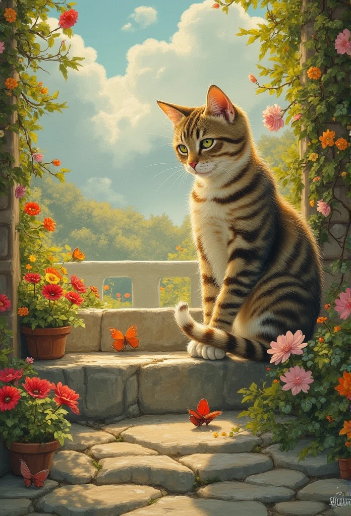  cute kitten on stone steps、Sensitive to good smells、Beard、Can see through light、 wrapping in the sun、 gold particles dancing 、  Vintage Oil Painting   、pure white flower stone step art 