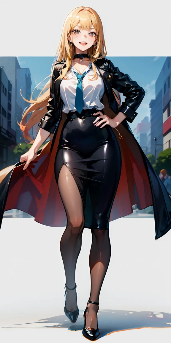 Marin Kitagawa,intenseglare,(best quality:1.6, highres), (beautiful detailed eyes:1.2), elevated, high-quality, beautiful face, 1 girl, leather pencil skirt, oversized leather jacket, blackbird, long hair, wide hips, landscape beautification, street, background, detailed background, sinister smile, angled laughter, long coat, blouse, tie, office woman, mature,((high heels)),A look of contempt,disgusting expression,((whip)),((collar)),