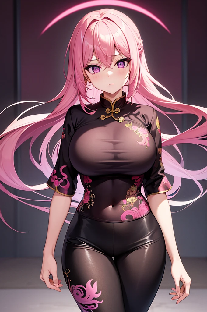 girl and china background Chinese shirt with dragon pattern Pink and black Chinese shirt, pink hair, long hair, black pants, purple eyes, big breasts, big thighs, tense face.