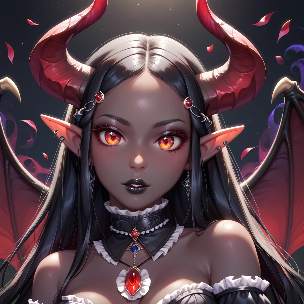 (Random poses), A beautifully detailed woman, succubus female, long black hair, elf ears, large eyes, red iris, long eyelashes, detailed facial features, black lipstick, (((Black skin))), demon horns, (((Gothic design background)))