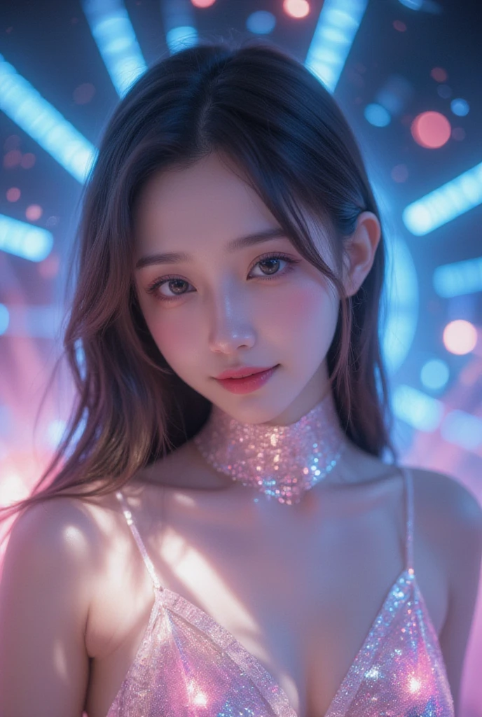    Beautiful Virtual Idols   ,   Detailed Digital Avatars   ,    Bright Holographic Figures ,   Clear Sparkling Skin   ,   detailed facial features  ,   charming smile  ,  Delicate expression, Long flowing hair,    Elegant Poses   ,    Surreal Futuristic Environments  ,   Multifaceted Dynamic Lighting , Neon Glowing Details  ,  Cinematic composition,   Brilliant Color Palette  ,  Details as in the picture , masterpiece