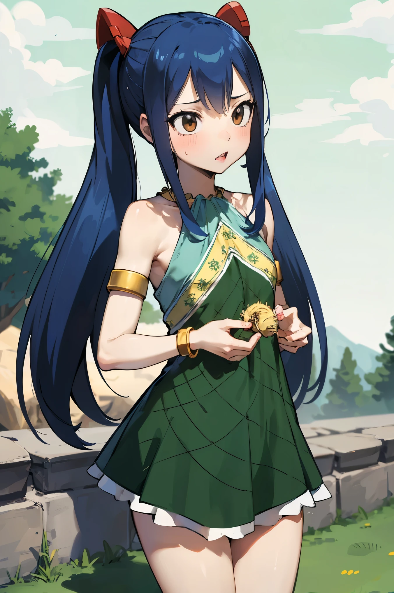 NSFW,masterpiece,Best Quality, Hi-Res, very detailed,Wendy\(Fairy Tail\), long hair、 twin tails、Hair accessories、Showing shoulders、Green Dress、 Sleeveless Dress 、Bracelet、 Bracelets