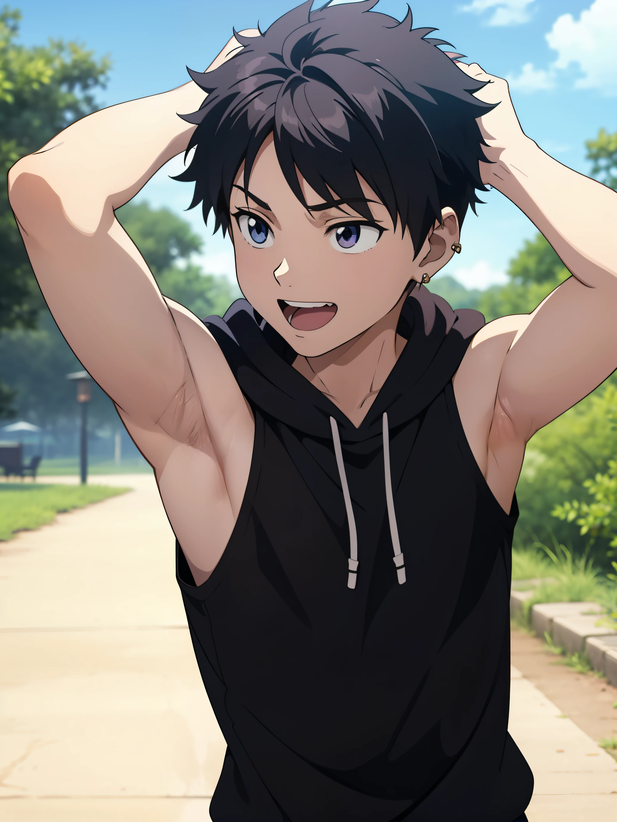 Highres, Masterpiece, Best quality at best,Best Quality,hight quality, hight detailed, Anime style, 1boy, Boy, Shota, Solo person, hansome, short hair, Earring, Sleeveless hoodie, Upper body, Summer day, Laugh, Slim body, Blurry beckground, Seen from the front, (Showing armpit:1.3), (very young boy), (very small and short body), Uhd