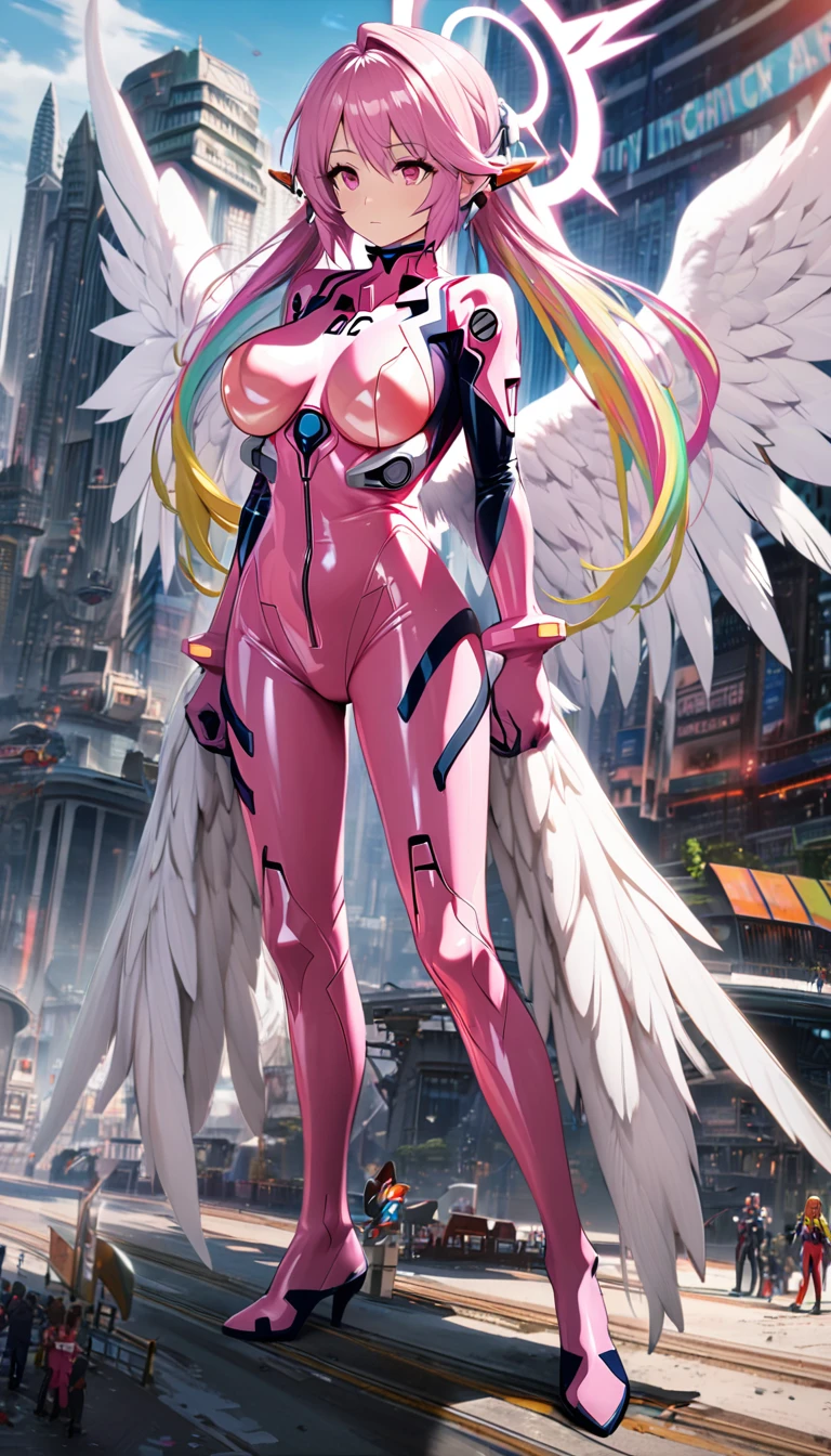 jibril,(big breast),(big white wing),(angel wing),(glamorous),full body,(girl towering over miniature city),front view,plugsuit,pink latex bodysuit,shiny bodysuit,colorful hair,halo,sharp focus,extremely detailed CG,expressionless,realstic,(mechanical ear),standing